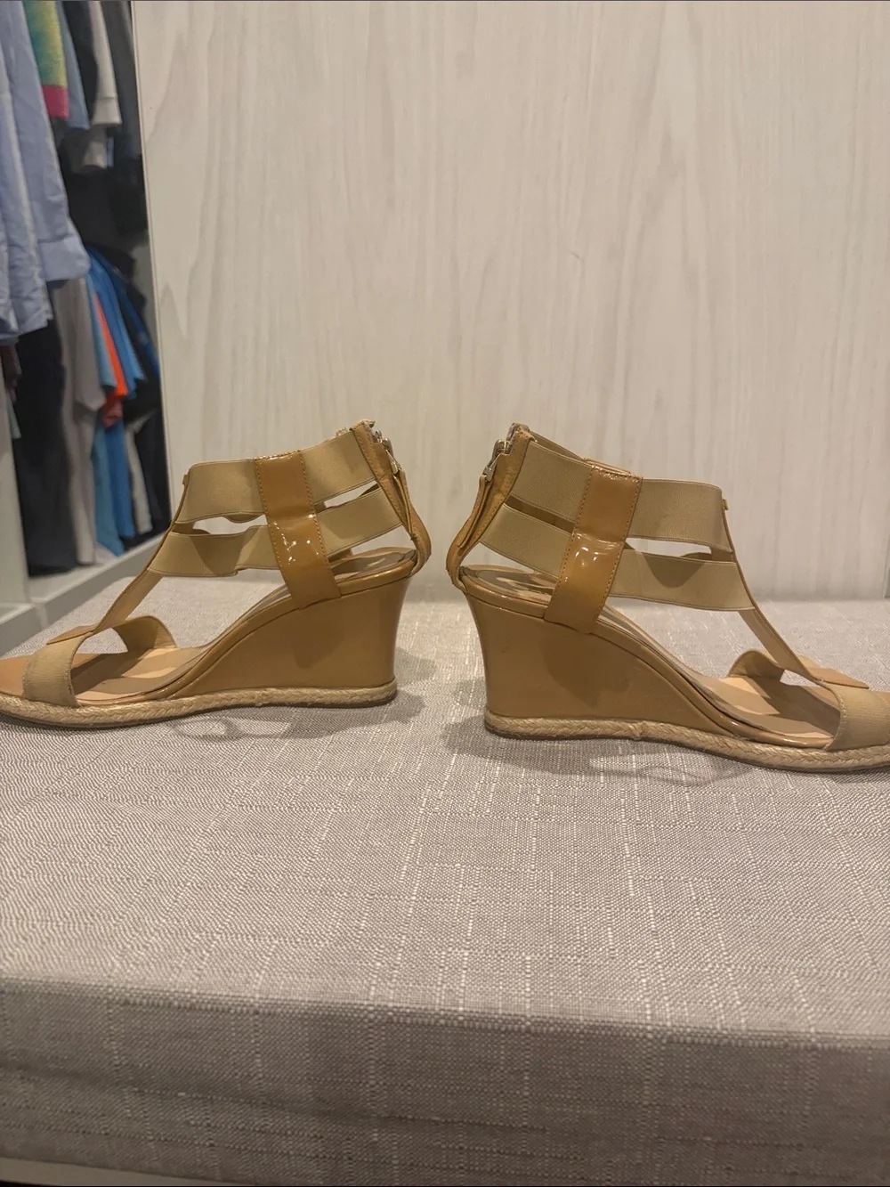 Fendi Beige/Tan Patent Leather Espadrille Wedge Sandals